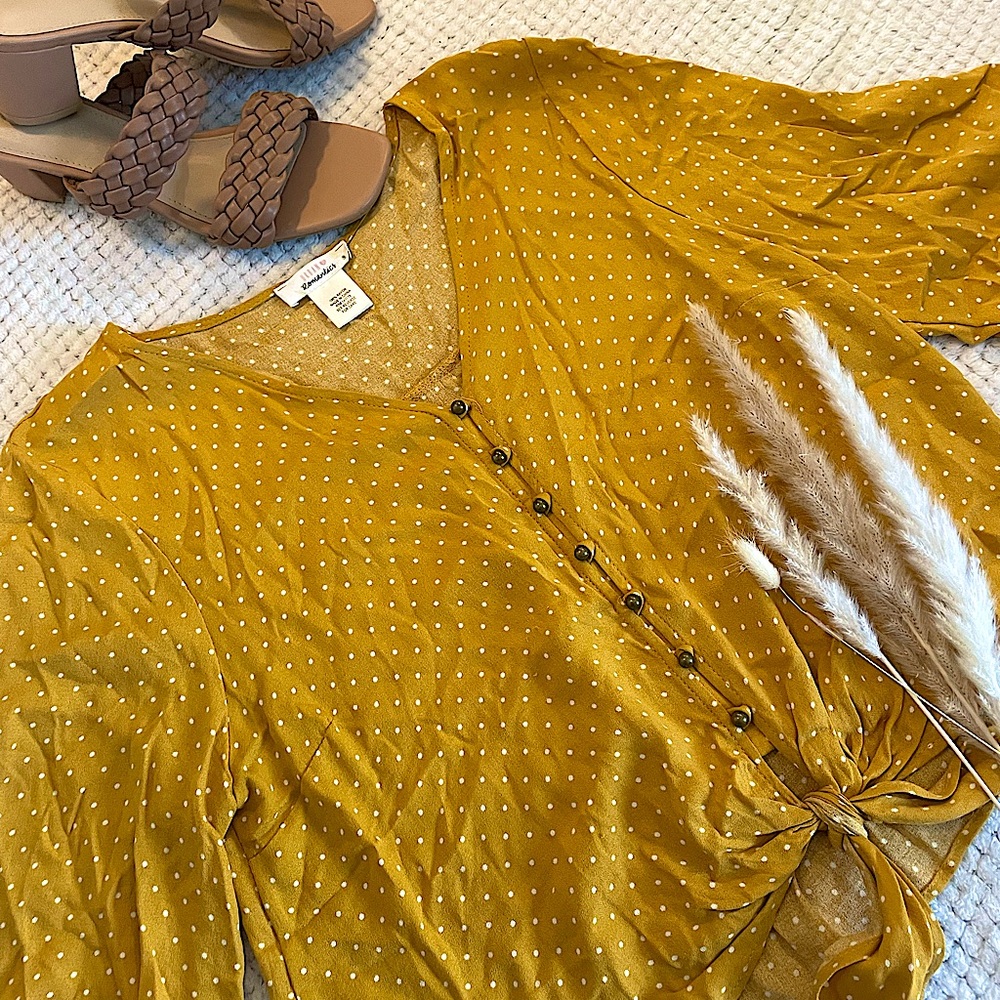 Boho Flowy Yellow Polka Dot Shirt Blouse Size Small